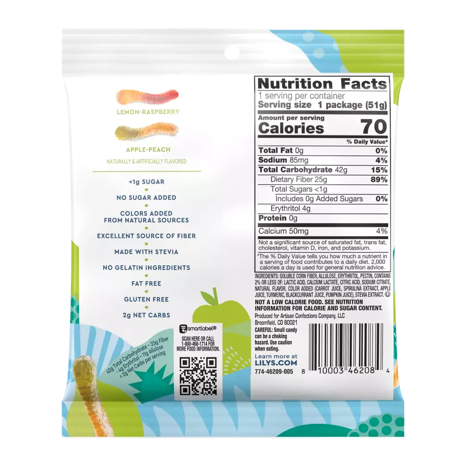 LILY'S Sour Gummy Worms, 1.8 oz bag - Back of Package