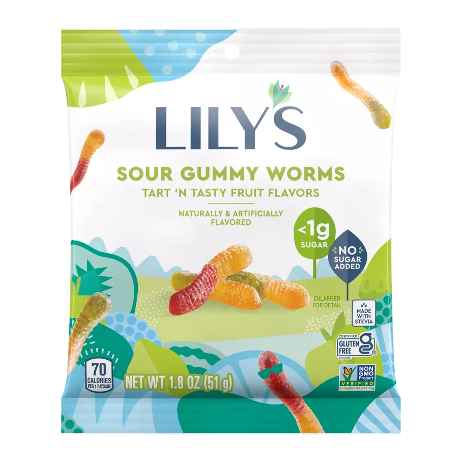 LILY'S Sour Gummy Worms, 1.8 oz bag - Front of Package