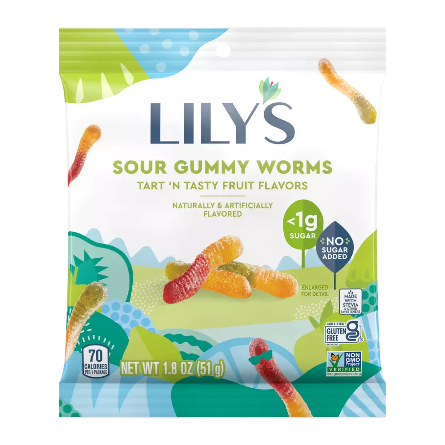 LILY'S Sour Gummy Worms, 1.8 oz bag - Front of Package