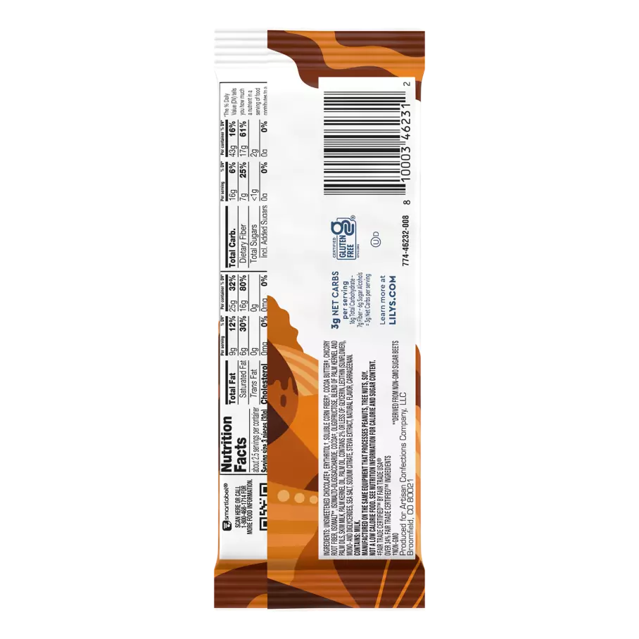 LILY'S Creamy Caramel Filled Dark Chocolate Style Bar, 2.8 oz - Back of Package