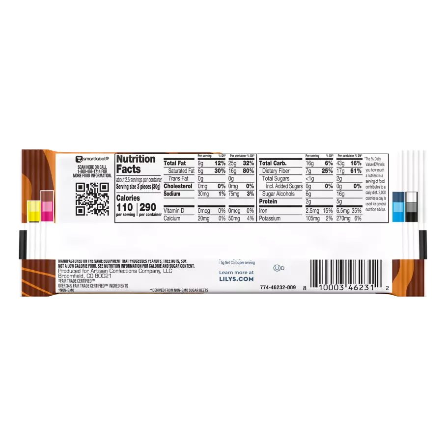 LILY'S Creamy Caramel Filled Dark Chocolate Style Bar, 2.8 oz - Back of Package