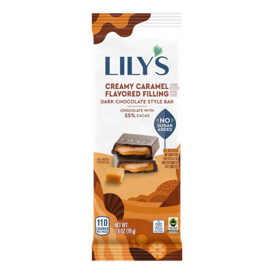 LILY'S Creamy Caramel Filled Dark Chocolate Style Bar, 2.8 oz - Front of Package
