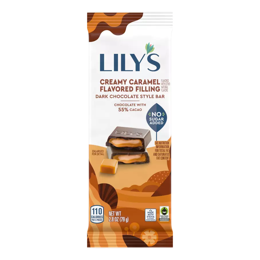 LILY'S Creamy Caramel Filled Dark Chocolate Style Bar, 2.8 oz - Front of Package