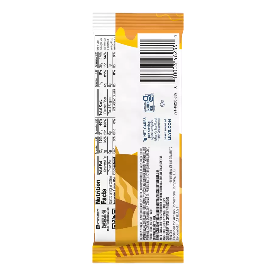 LILY'S Peanut Butter Filled Dark Chocolate Style Bar, 2.8 oz - Back of Package