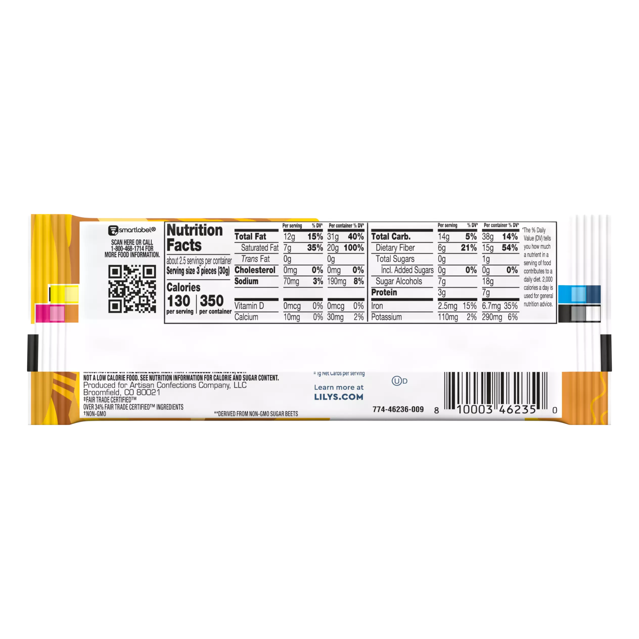 LILY'S Peanut Butter Filled Dark Chocolate Style Bar, 2.8 oz - Back of Package