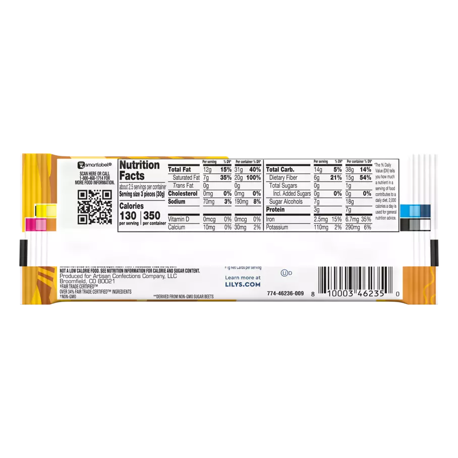 LILY'S Peanut Butter Filled Dark Chocolate Style Bar, 2.8 oz - Back of Package