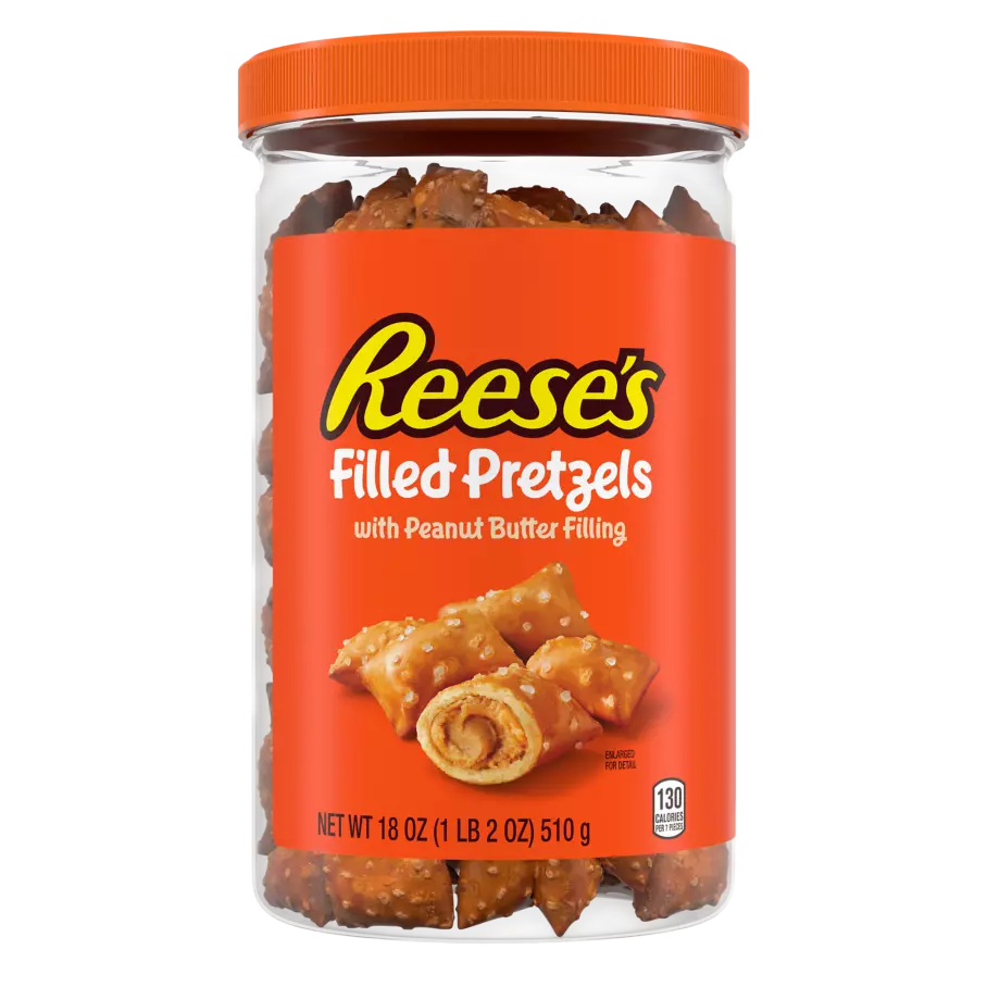 REESE'S Filled Pretzels with Peanut Butter Filling, 18 oz jar - Front of Package