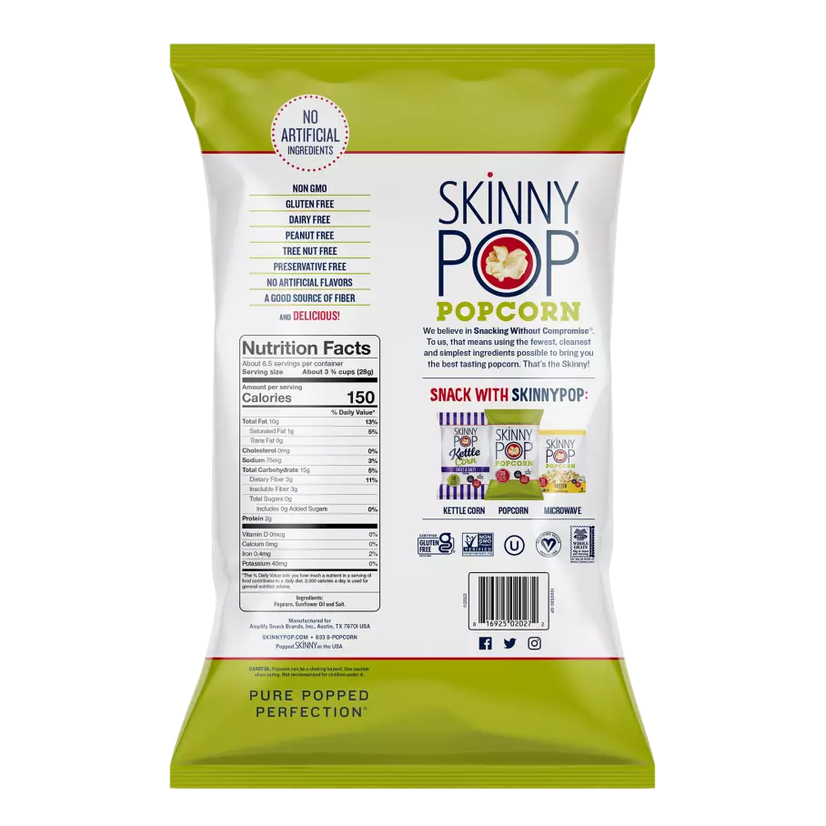 SKINNYPOP Original Popped Popcorn, 6.7 oz bag - Back of Package
