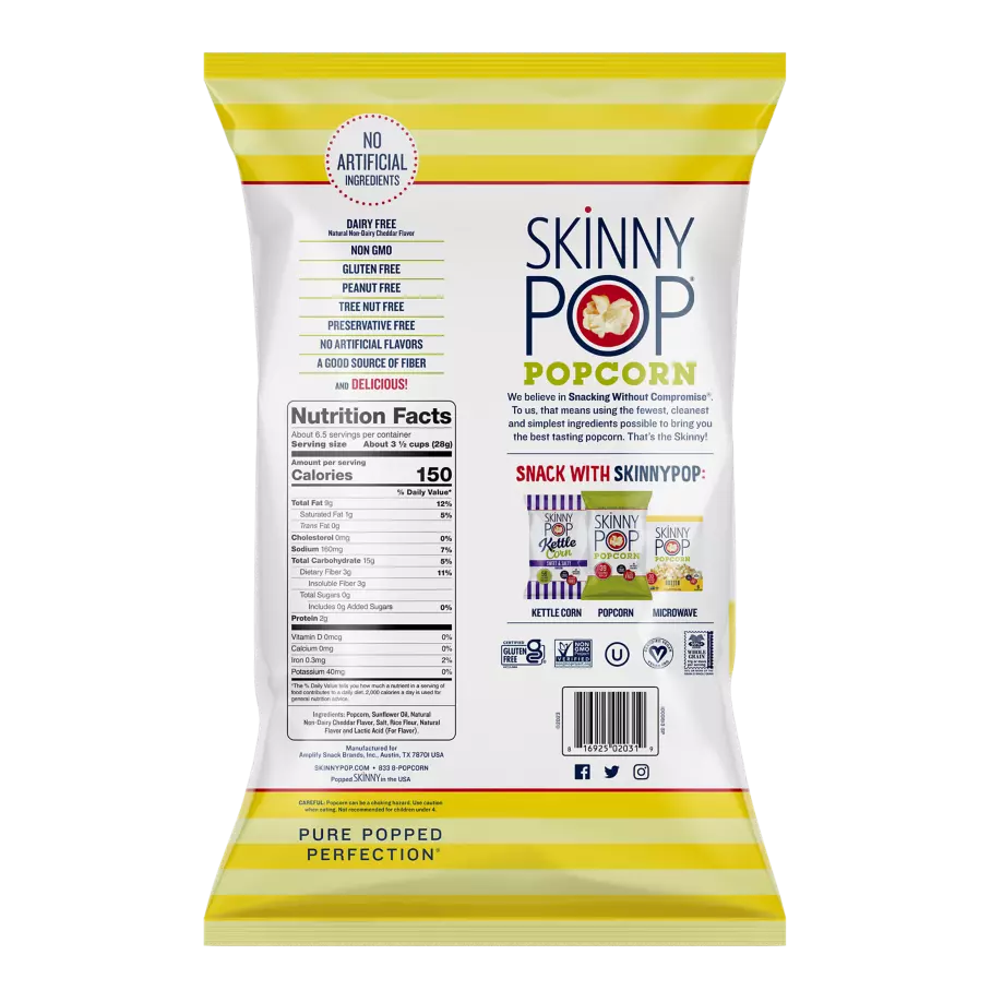 SKINNYPOP White Cheddar Popped Popcorn, 6.7 oz bag - Back of Package