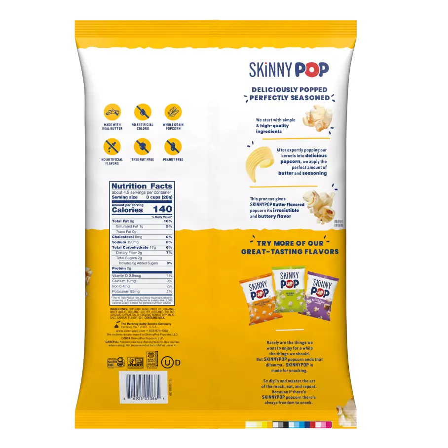 SKINNYPOP Butter Flavored Popcorn, 4.4 oz bag - Back of Package