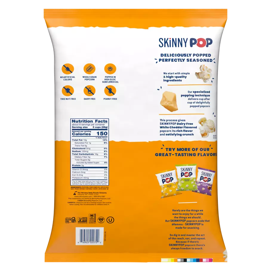 SKINNYPOP Dairy Free White Cheddar Flavored Party Size Popcorn, 8 oz bag - Back of Package