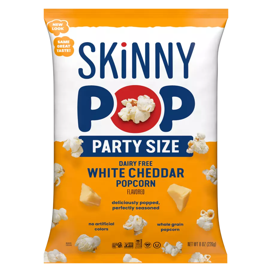 SKINNYPOP Dairy Free White Cheddar Flavored Party Size Popcorn, 8 oz bag - Front of Package