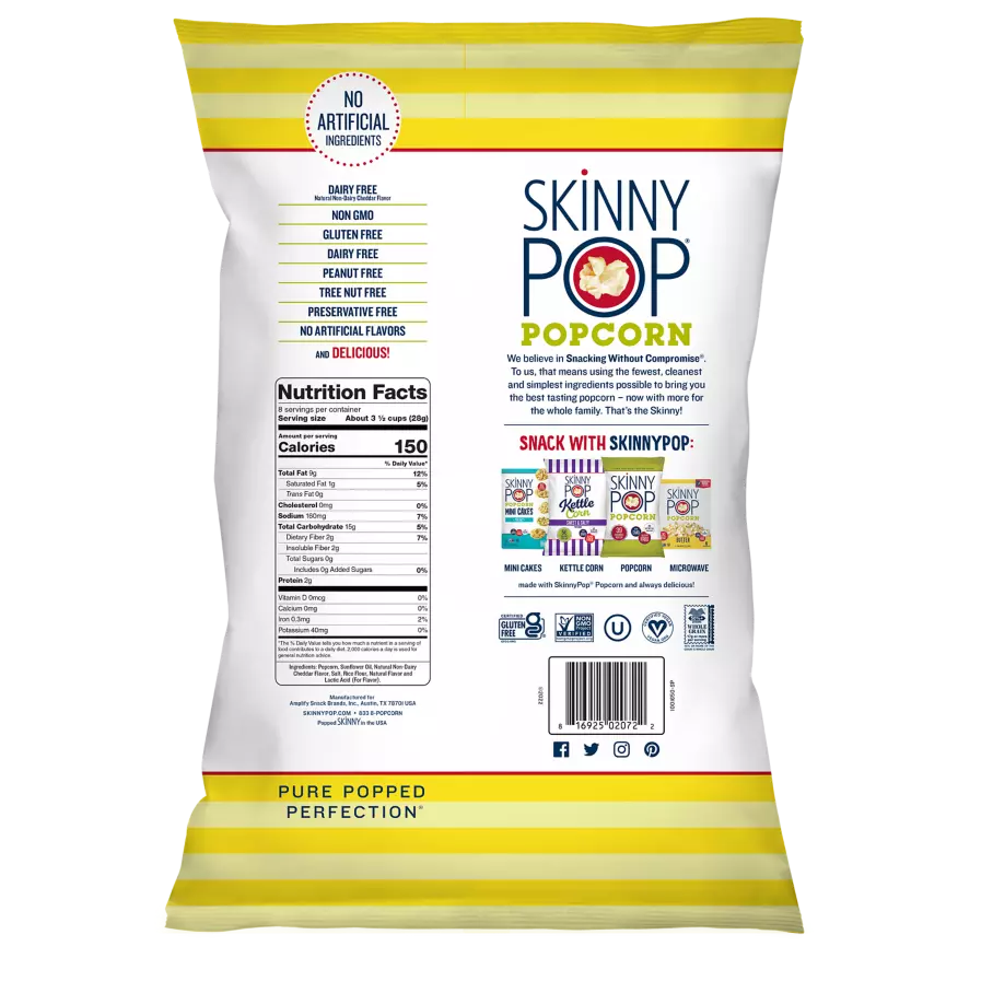 SKINNYPOP White Cheddar Popped Popcorn, 8 oz bag - Back of Package