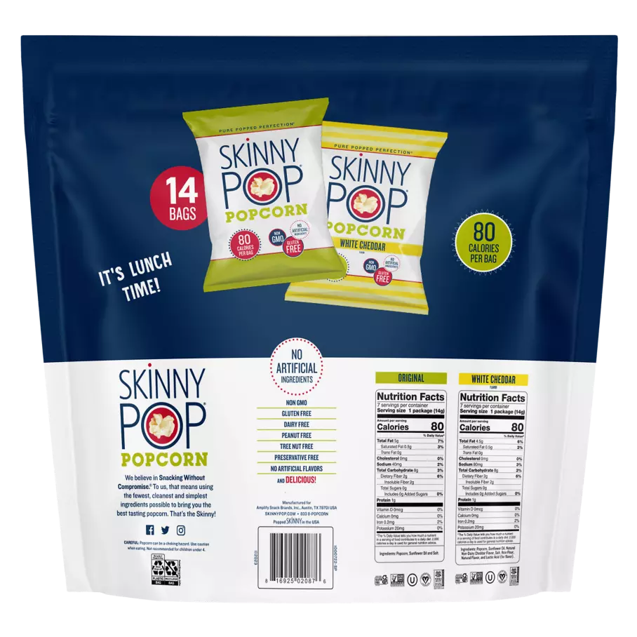 SKINNYPOP Variety Pack Popped Popcorn, 0.65 oz bag, 14 count - Back of Package