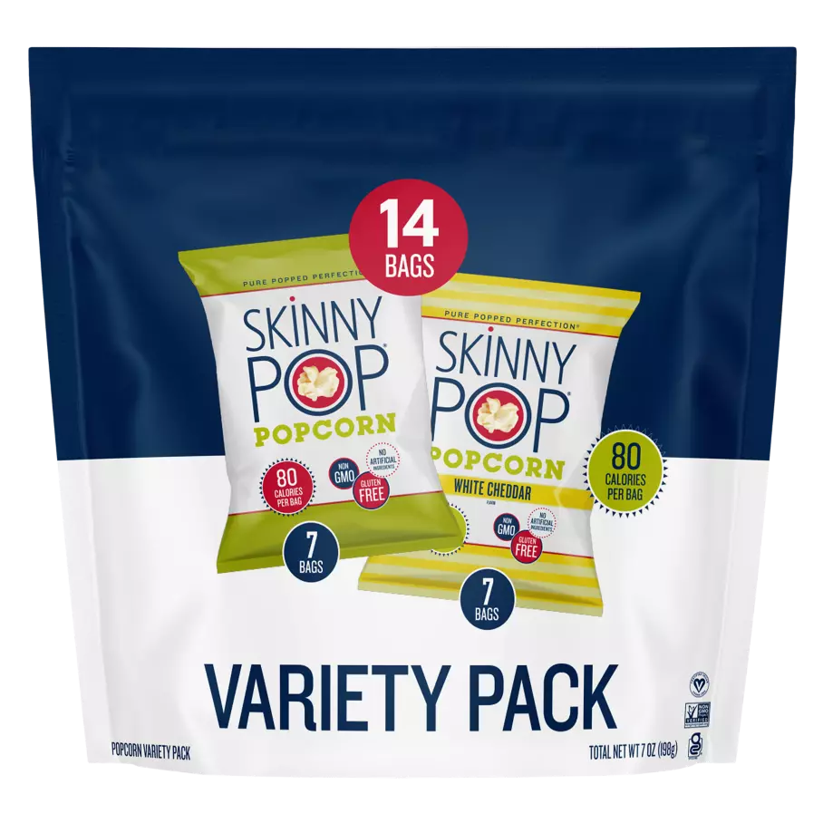 SKINNYPOP Variety Pack Popped Popcorn, 0.65 oz bag, 14 count - Front of Package