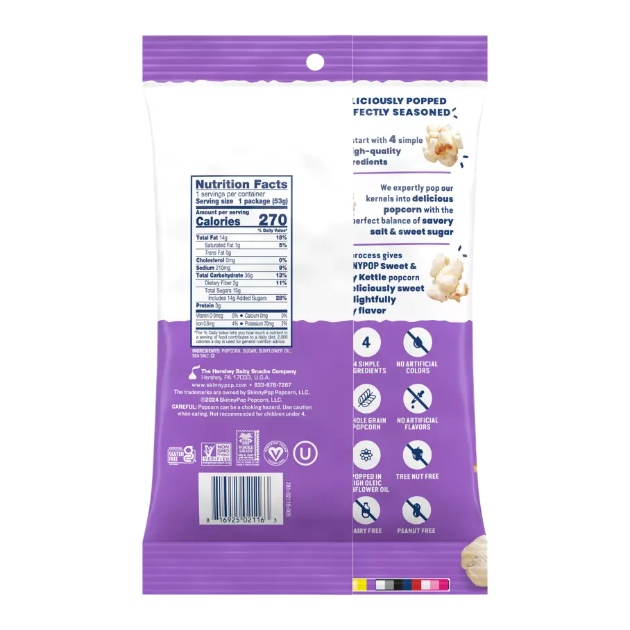 SKINNYPOP Sweet & Salty Kettle Corn Popcorn, 1.9 oz bag - Back of Package