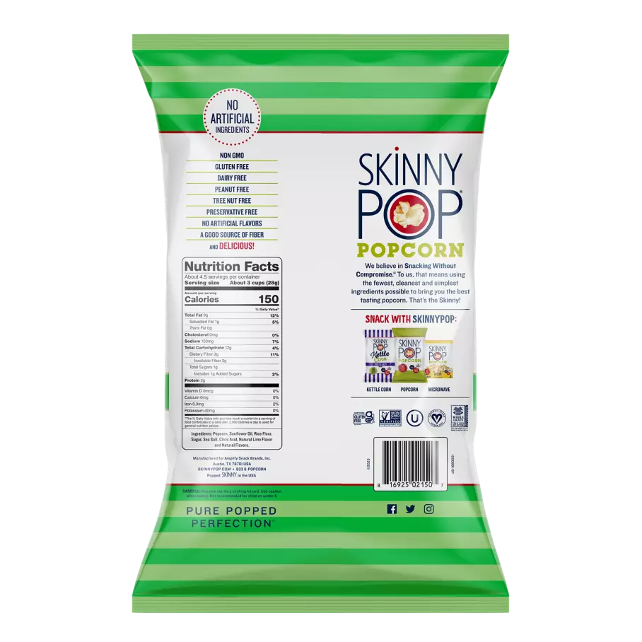SKINNYPOP Twist of Lime Popped Popcorn, 4.4 oz bag - Back of Package