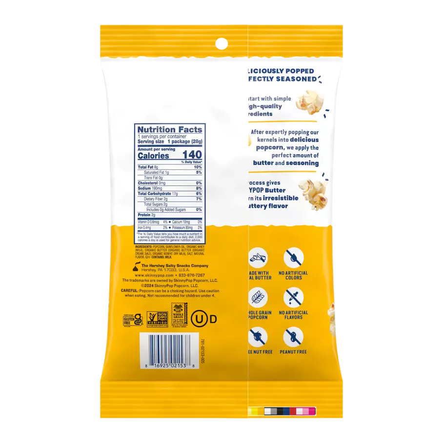 SKINNYPOP Butter Flavored Popcorn, 1 oz bag - Back of Package