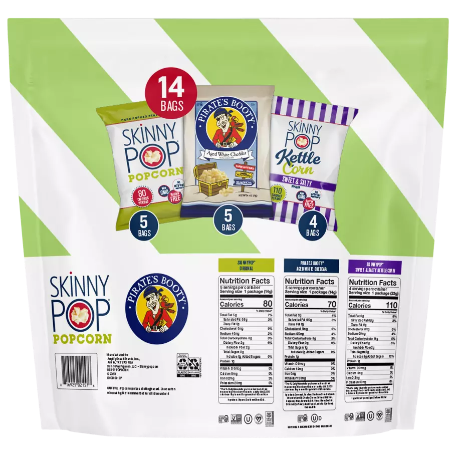 SKINNYPOP Family Snack Pack Popped Popcorn, 0.65 oz bag, 14 count - Back of Package