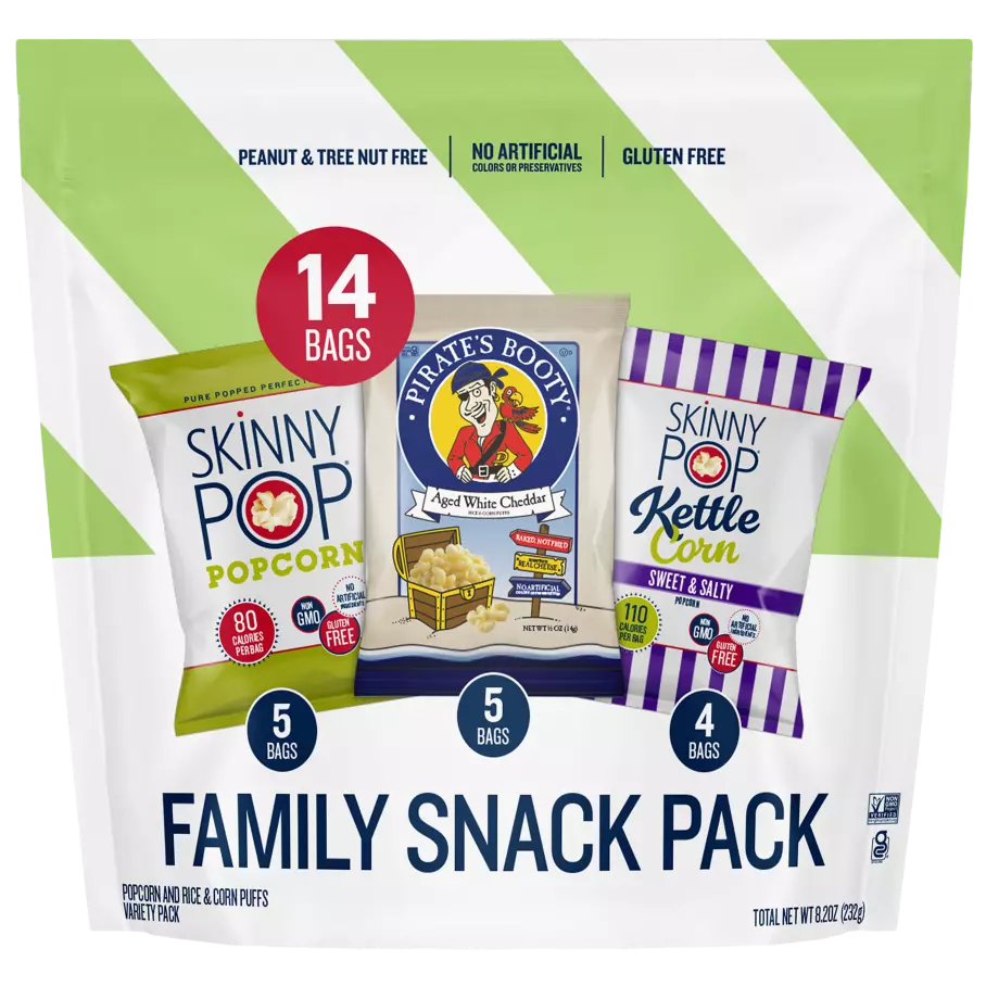 SKINNYPOP Family Snack Pack Popped Popcorn, 0.65 oz bag, 14 count - Front of Package