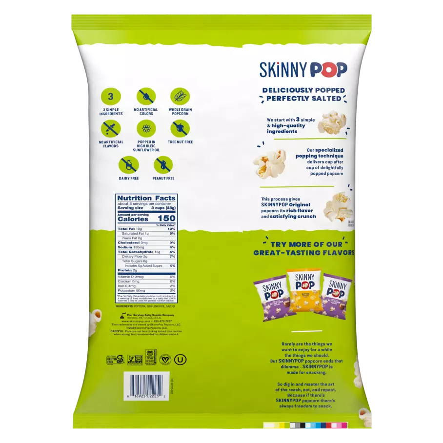 SKINNYPOP Original Party Size Popcorn, 8 oz bag - Back of Package