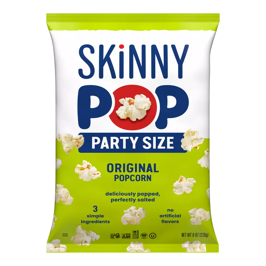 SKINNYPOP Original Popcorn, 8 oz party size bag - Front of Package