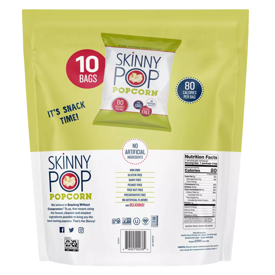 SKINNYPOP Original Popped Popcorn, 0.5 oz bag, 10 count - Back of Package
