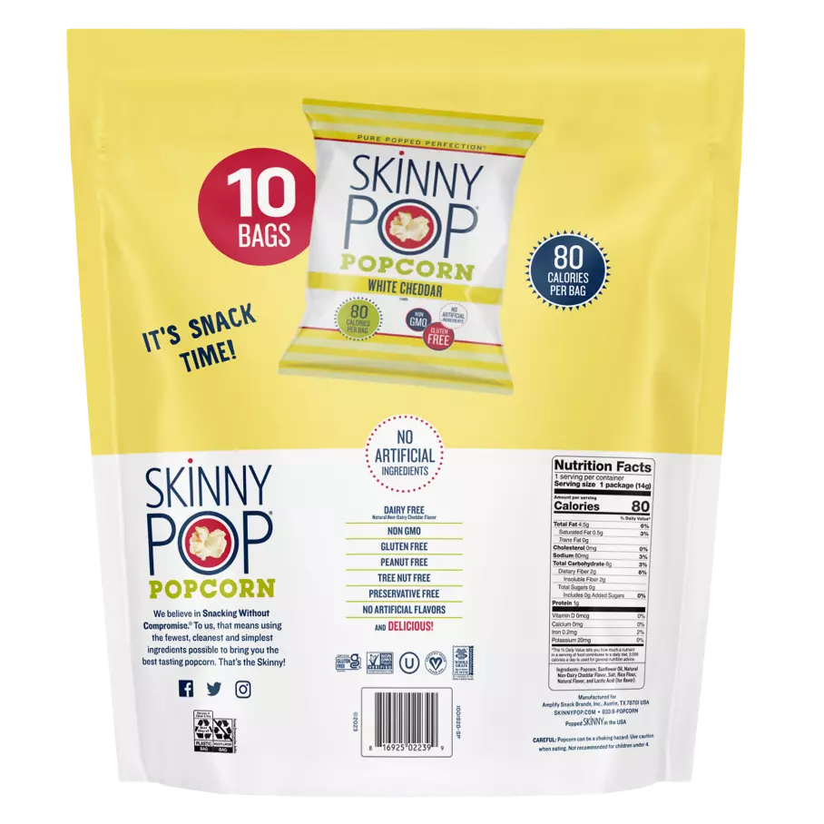 SKINNYPOP White Cheddar Popped Popcorn, 0.5 oz bag, 10 count - Back of Package