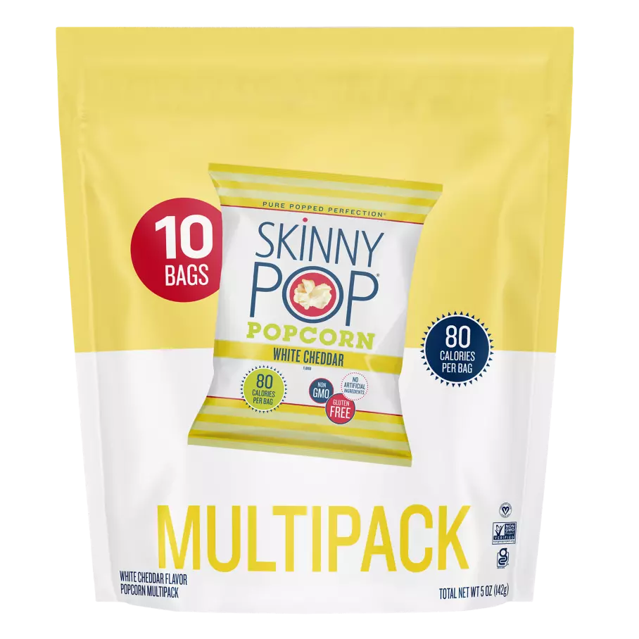 SKINNYPOP White Cheddar Popped Popcorn, 0.5 oz bag, 10 count - Front of Package