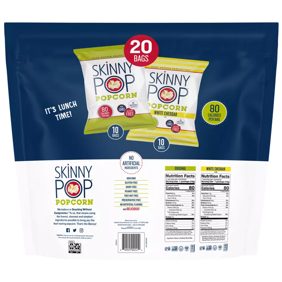 SKINNYPOP Variety Pack Popped Popcorn, 0.5 oz bag, 20 count - Back of Package