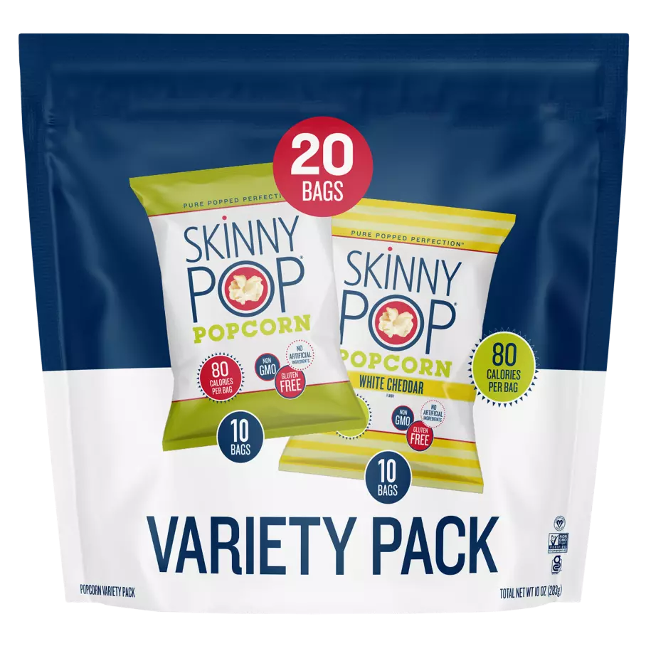 SKINNYPOP Variety Pack Popped Popcorn, 0.5 oz bag, 20 count - Front of Package