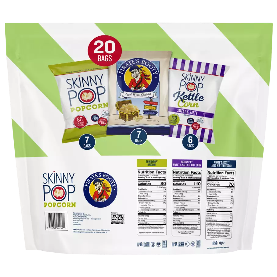SKINNYPOP Family Snack Pack Popped Popcorn, 0.5 oz bag, 20 count - Back of Package