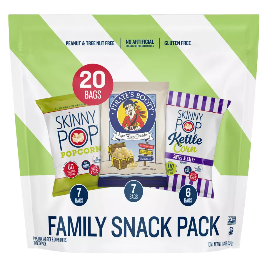 SKINNYPOP Family Snack Pack Popped Popcorn, 0.5 oz bag, 20 count - Front of Package