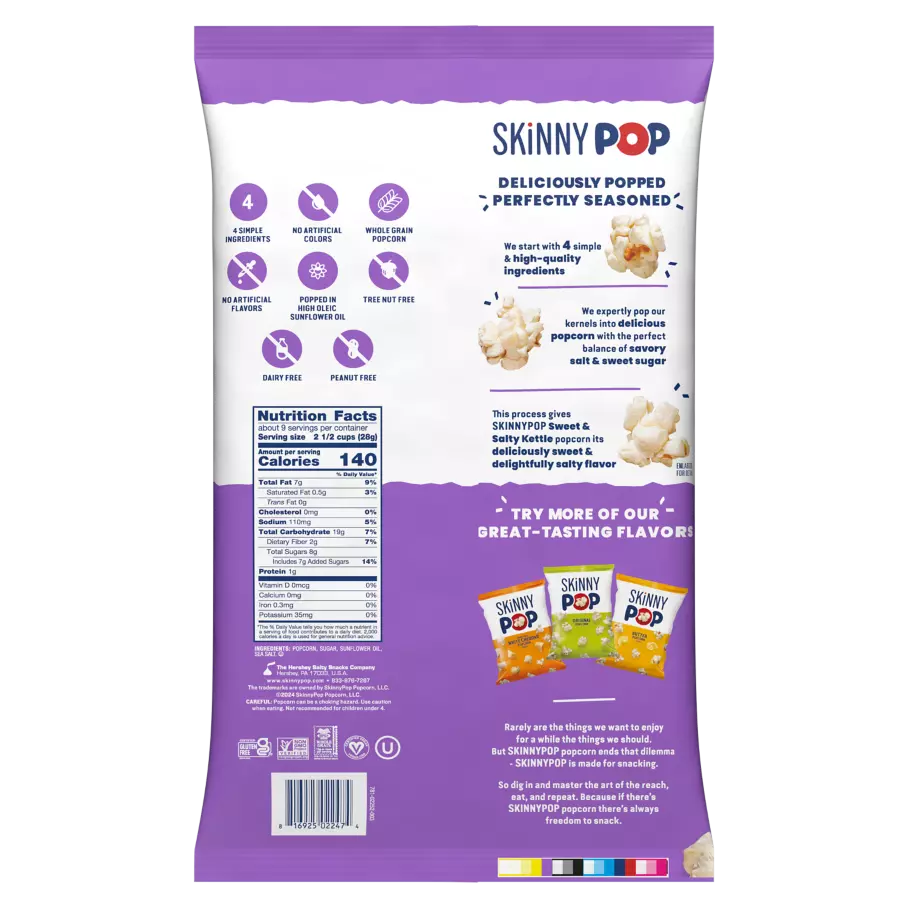 SKINNYPOP Sweet & Salty Kettle Corn Party Size Popcorn, 9.3 oz bag - Back of Package