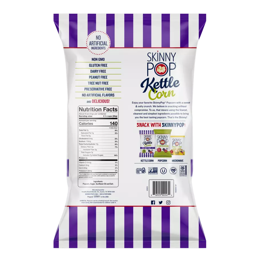 SKINNYPOP Sweet & Salty Kettle Corn, 9.3 oz bag - Back of Package