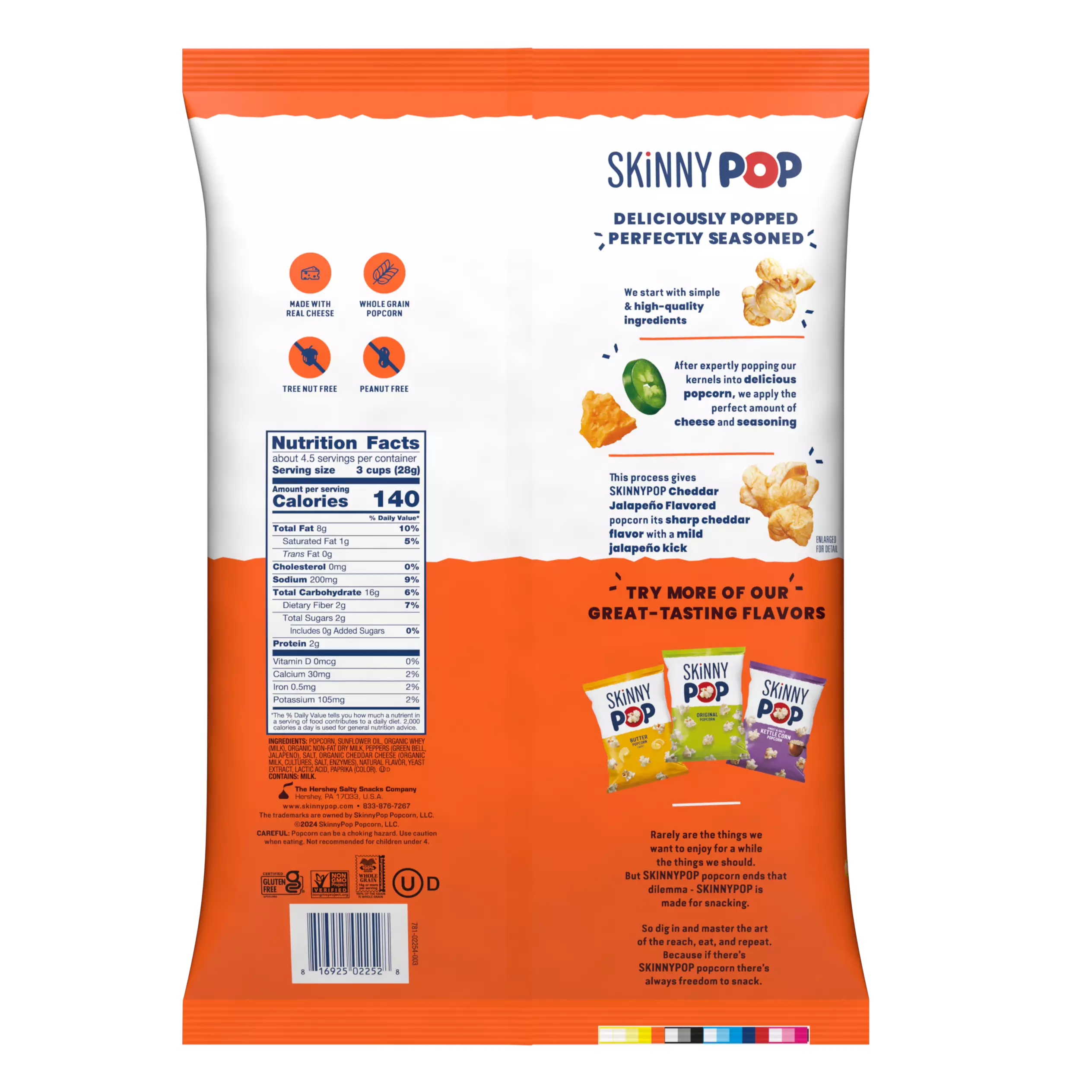 SKINNYPOP Cheddar Jalapeño Flavored Popcorn, 4.4 oz bag - Back of Package