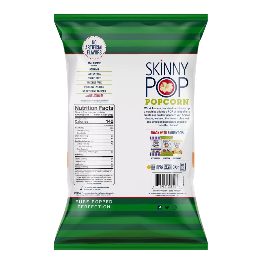 SKINNYPOP Cheddar Jalapeño Popped Popcorn, 4.4 oz bag - Back of Package