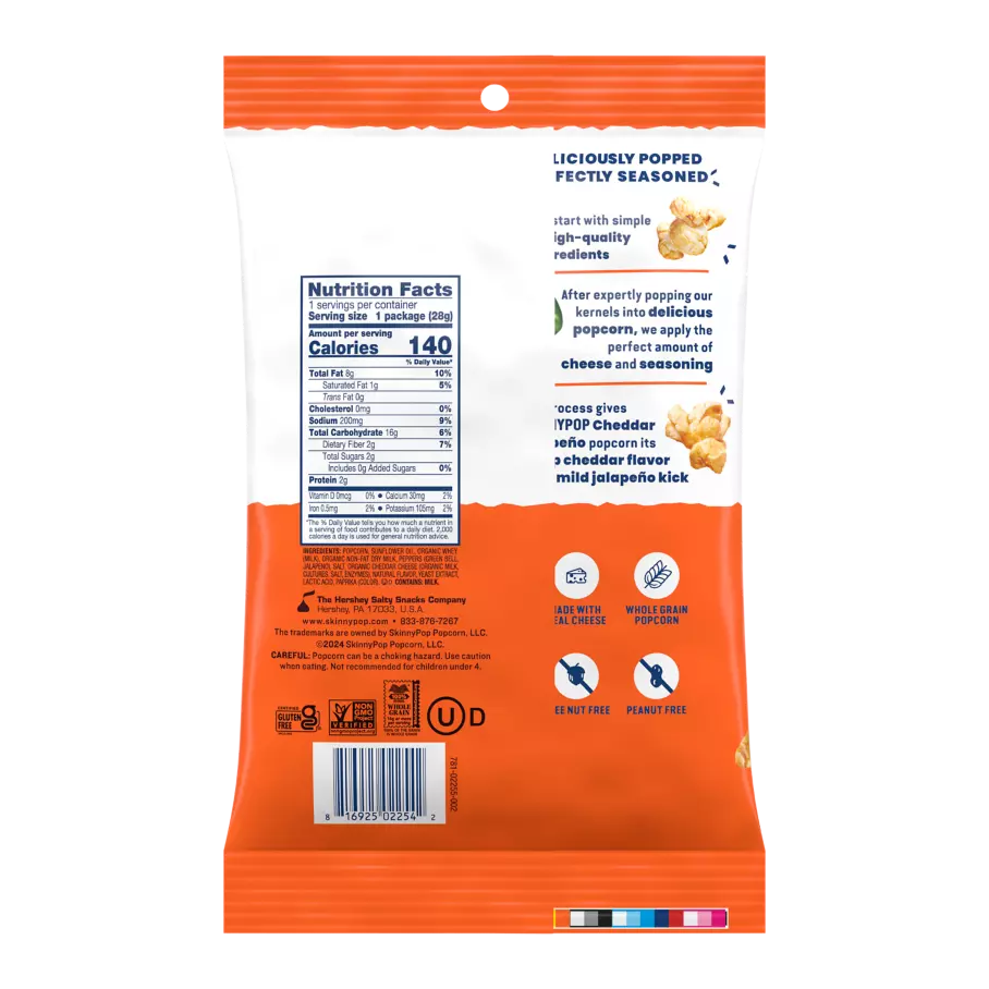 SKINNYPOP Cheddar Jalapeño Flavored Popcorn, 1 oz bag - Back of Package