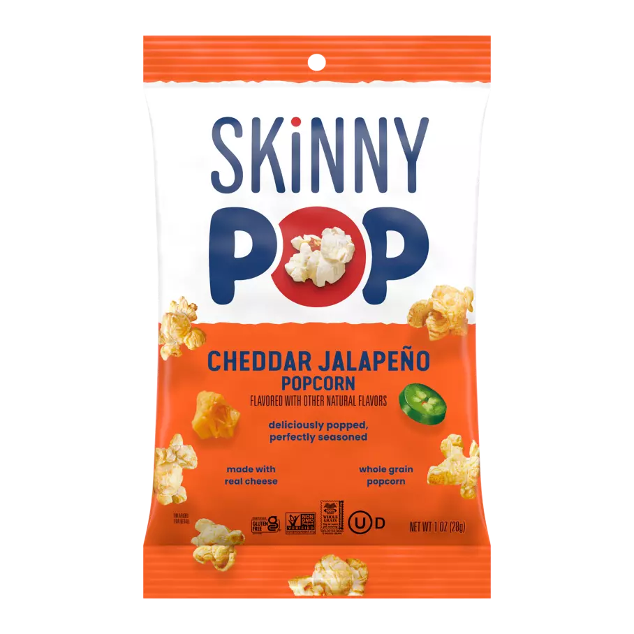 SKINNYPOP Cheddar Jalapeño Flavored Popcorn, 1 oz bag - Front of Package