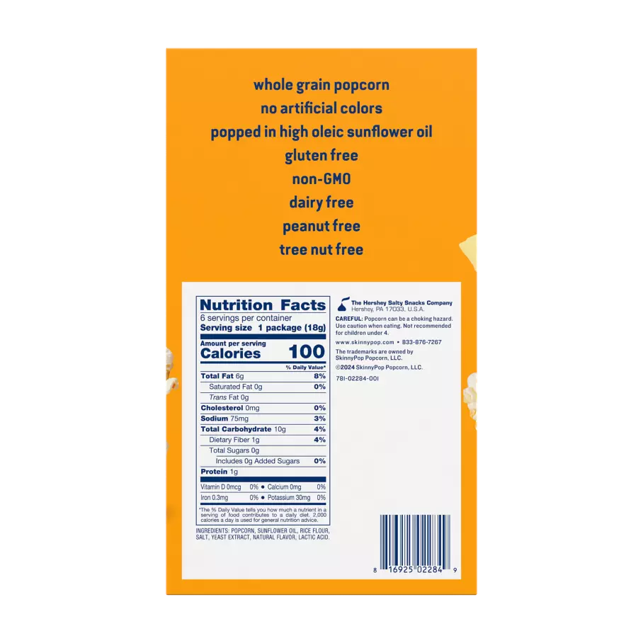 SKINNYPOP Dairy Free White Cheddar Flavored Popcorn, 0.65 oz, 6 count box - Back of Package