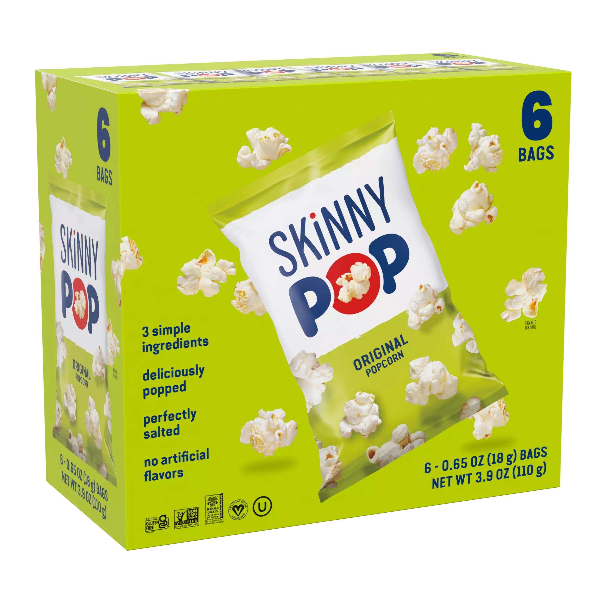 SKINNYPOP Original Popcorn, 0.65 oz, 6 count box - Front of Package
