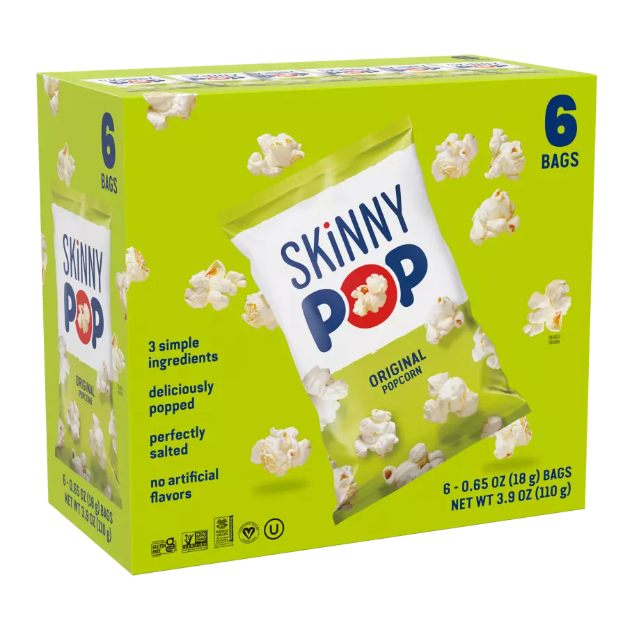 SKINNYPOP Original Popcorn, 0.65 oz, 6 count box - Front of Package