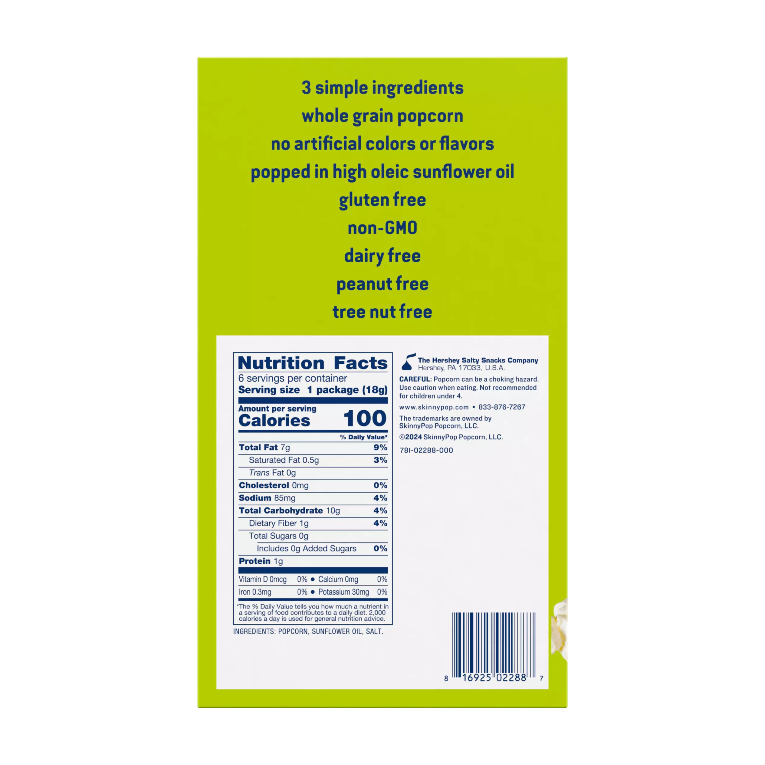 SKINNYPOP Original Popcorn, 0.65 oz, 6 count box - Back of Package