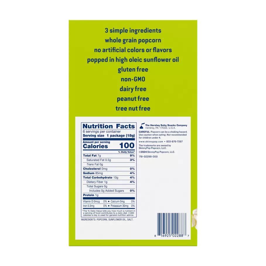 SKINNYPOP Original Popcorn, 0.65 oz, 6 count box - Back of Package