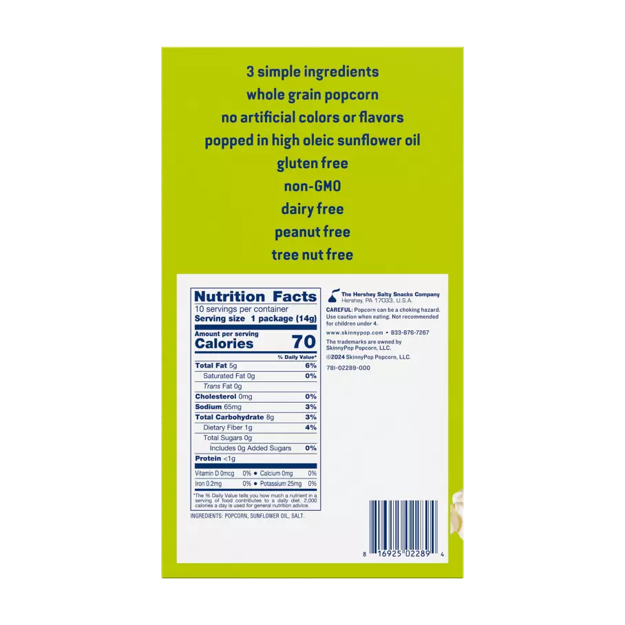 SKINNYPOP Original Popcorn, 0.5 oz, 10 count box - Back of Package