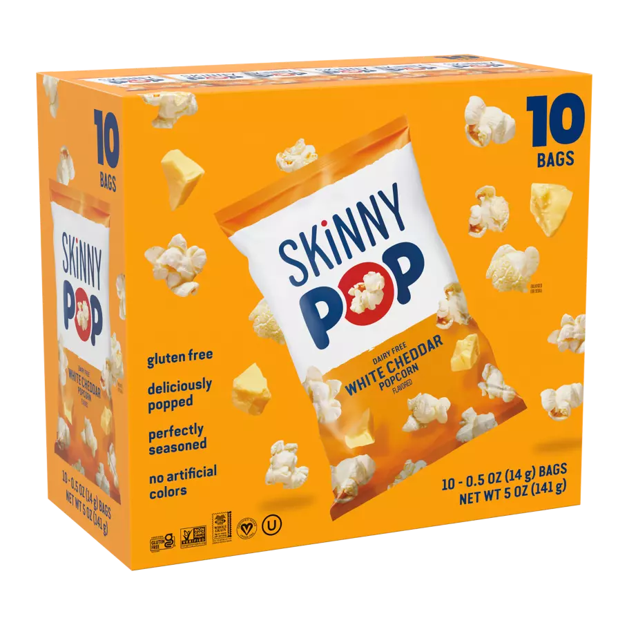 SKINNYPOP Dairy Free White Cheddar Flavored Popcorn, 0.5 oz, 10 count box - Front of Package
