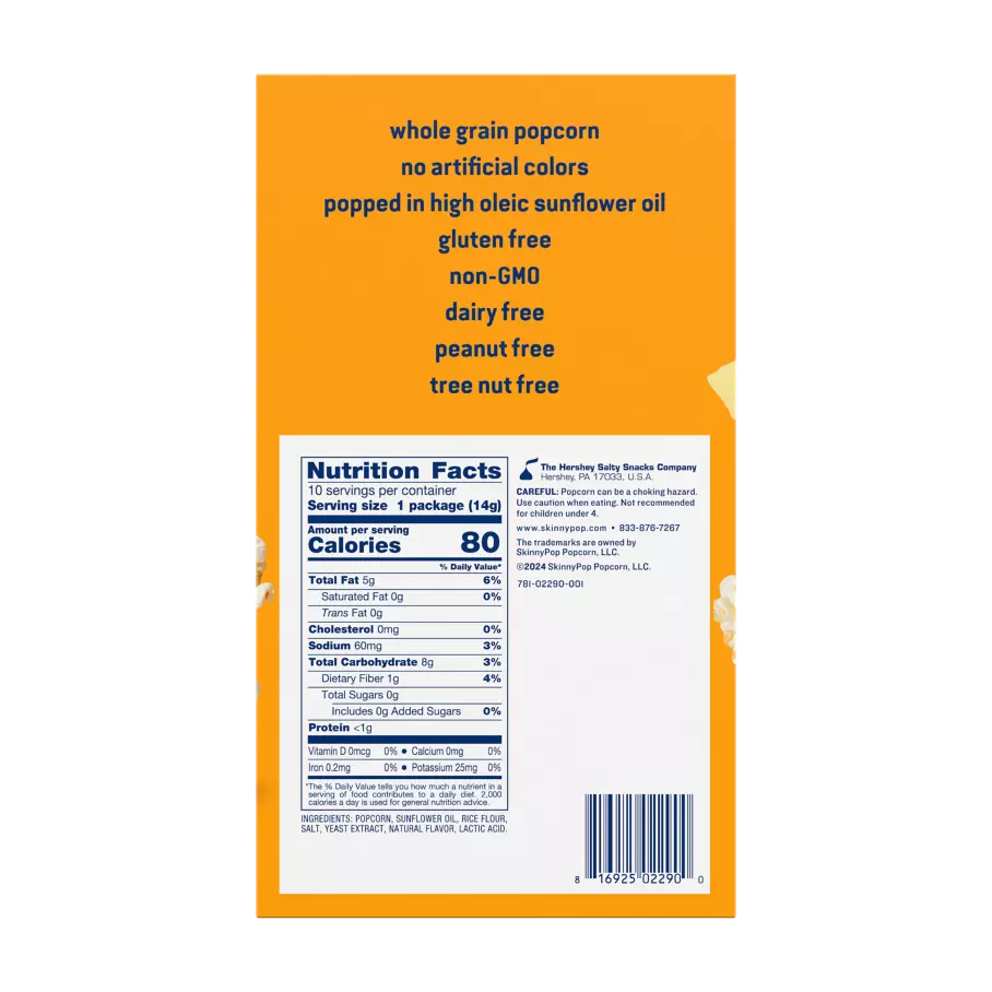 SKINNYPOP Dairy Free White Cheddar Flavored Popcorn, 0.5 oz, 10 count box - Back of Package