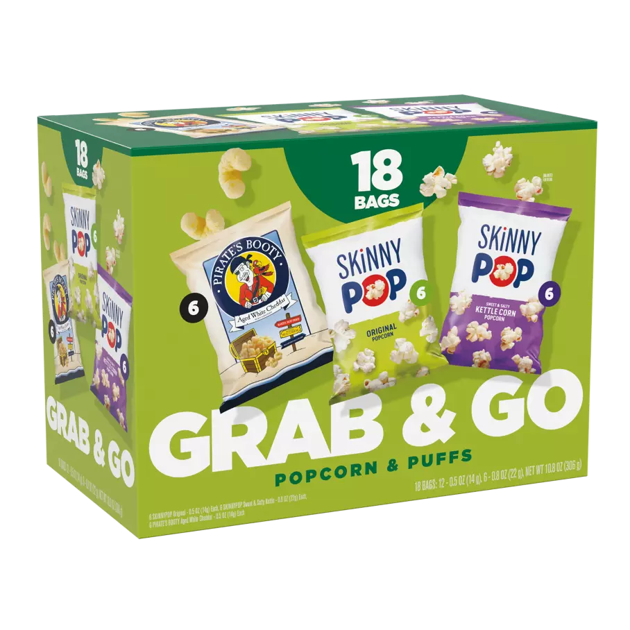SKINNYPOP Grab & Go Popcorn & Puffs, 10.8 oz, 18 count box - Front of Package