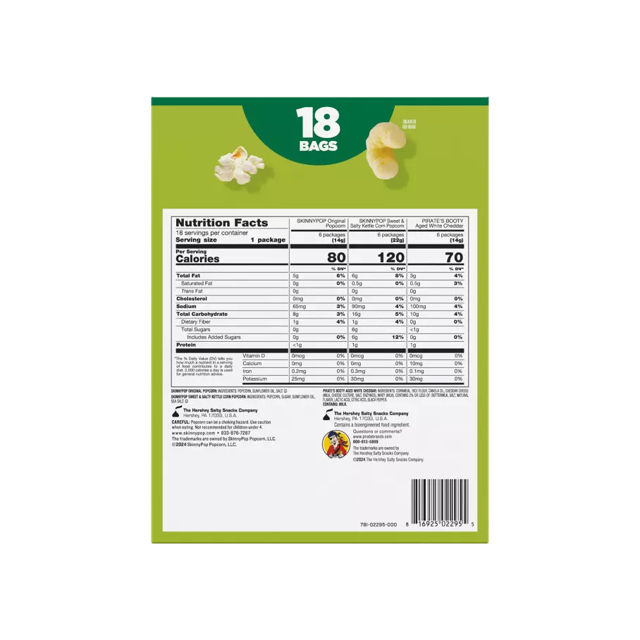 SKINNYPOP Grab & Go Popcorn & Puffs, 10.8 oz, 18 count box - Back of Package