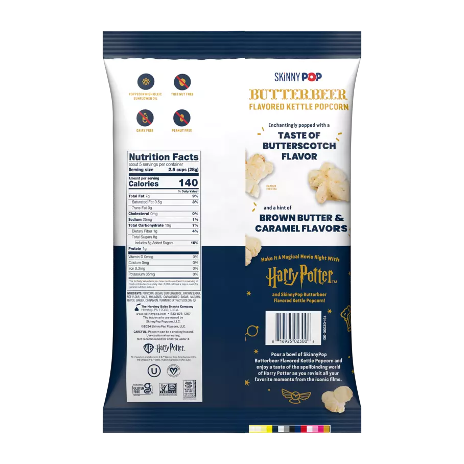 SKINNYPOP Harry Potter™ Butterbeer Flavored Kettle Popcorn, 5.3 oz bag - Back of Package